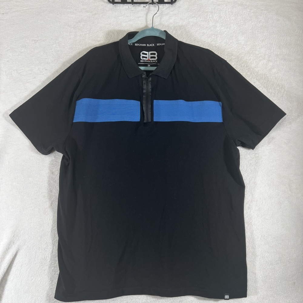 Benjamin Black Mens Black Blue 2X Stripe Polo Shirt Top 1/4 Zip Short Sleeve